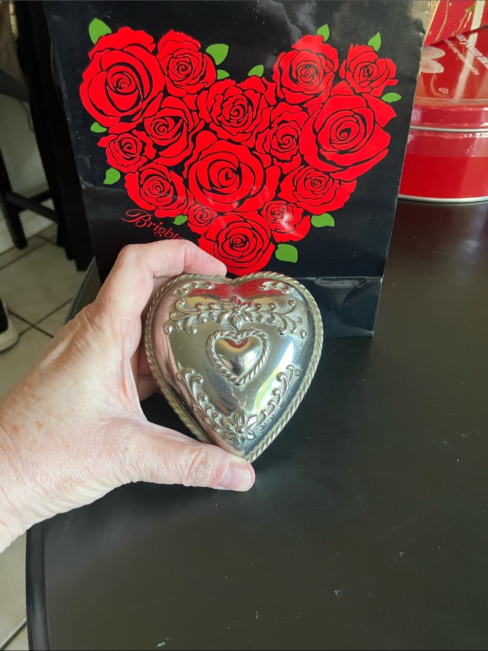 Brighton Silver Heart Trinket Box with Embossed Scrollwork
